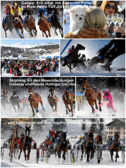 1. Tag des White-Turf-Meetings 2017 in St. Moritz: Galopp-, Trab- und Skikjöring-Rennen auf Schnee, bei dem auch die deutschen Vierbeiner erfolgreich waren. www.swiss-image.ch. - Andy Mettler