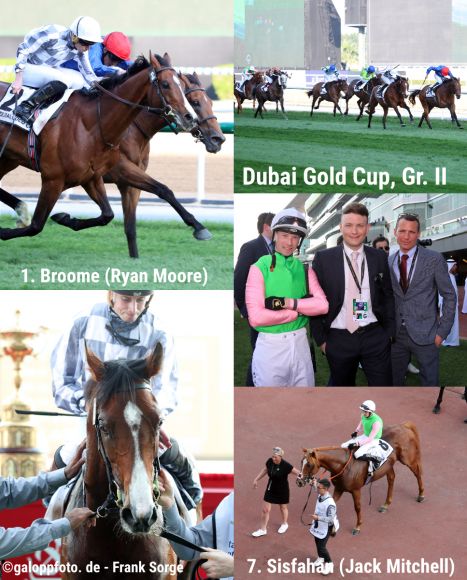 Der Dubai Gold Cup 2023: Der Sieger heißt Broome (vorne links) mit Ryan Moore im Sattel, Sisfahan (Jack Mitchell) in den pink-hellgrünen Darius Racing Farben landet auf Rang 7. ©galoppfoto - Frank Sorge