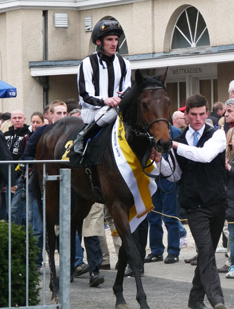 Chopin - hier mit Andrasch Starke nach dem Sieg im Dr. Busch-Memorial noch im traditionsreichen Graditzer Dress: Jetzt wurde der Derbyfavorit an Scheich Fahad Al Thani verkauft, bleibt aber im Training bei Andreas Wöhler. Ein Derbystart ist somit nicht ausgeschlossen. Foto: Karina Strübbe