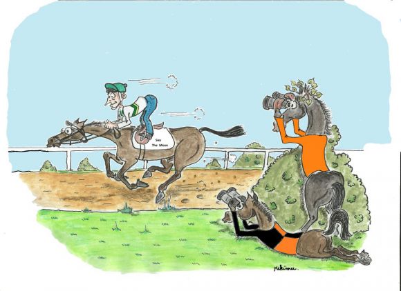 Die letzte Arbeit des heißen Favoriten Sea The Moon vor dem IDEE 145. Deutschen Derby: Gestüt Winterhauchs Lucky Lion und Stall Fürstenhofs Wild Chief nehmen den Konkurrenten ins Visier. ©miro-cartoon