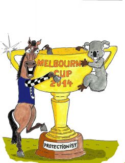 Historischer Sieg durch Protectionist im Melbourne Cup: Der Sieg geht erstmals an ein deutsches Pferd, aber der Cup bleibt in Australien. ©miro-cartoon