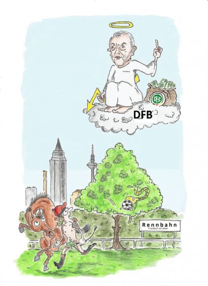 Ein Sündenfall?: Der Fußball-Gott in Person des DFB-Präsidenten Wolfgang Niersbach vertreibt die Galopper von der Frankfurter Rennbahn. ©miro-cartoon