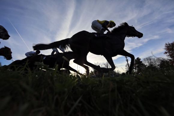 Silhouette, Pferde und Jockeys im Rennen. www.galoppfoto.de - Frank Sorge