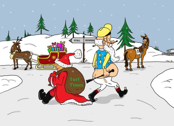 Job-Tausch zwischen Jockey und Weihnachtsmann: Da haben beide schwer zu tragen. ©miro-cartoon