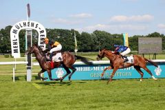 Im Rennen hatte sein Reiter Ioritz Mendizabal alle Hände voll zu tun, aber Lucky Lion gewinnt das 29. Mehl-Mülhens-Rennen gegen Nordico und Stillman sicher. www.koeln-galopp.de - www.klatuso.com/Klaus-Jörg Tuchel