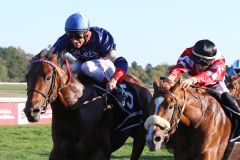 Knapp ging es zu im Preis des Winterfavoriten zwischen Noble Moon (links mit Andrasch Starke) und Django Freeman (Lukas Delozier). www.galoppfoto.de - Sandra Scherning