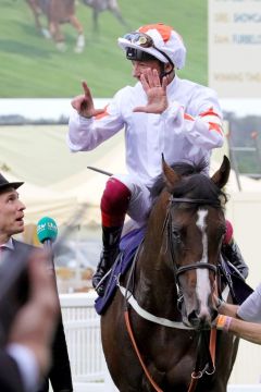 Frankie Dettori auf Advertise: Mit sieben Siegen war er der erfolgreichste Jockey in Royal Ascot 2019. www.galoppfoto.de - Sandra Scherning