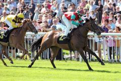 Alpha mit Piotr Krowicki, erste Siegerin für den Stallion Electric Beat, gewinnt in Hoppegarten für Trainer Dominik Moser das Zweijährigen-Rennen für Stuten. www.galoppfoto.de