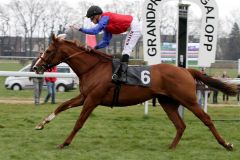 Die Derby-Nennung ist abgegeben: Der Adlerflug-Sohn Isidor gewinnt sein Debüt über 2200 Meter im Dreijährigen-Rennen leicht mit Filip Minarik. www.galoppfoto.de - Sandra Scherning