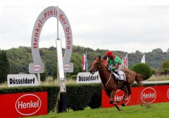 Die englische Gaststute Dancing Rain mit Kieren Fallon im Sattel gewinnt den Henkel-Preis der Diana. www.henkel.de