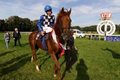 Die Sieger lassen sich auf dem Geläuf feiern: Empoli und Adrie de Vries mit Ilke Hildebrand am Führzügel nach dem 52. Preis von Europa. www.galoppfoto.de - Sandra Scherning