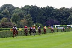 Meldet sich vom Derby (16.) zurück in der Maidenklasse und gewinnt hoch überlegen mit acht Längen: Gestüt Ebbeslohs Giant's Cauldon mit Adrie de Vries. Foto: Dr. Jens Fuchs