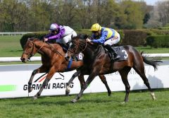 Guignol (rechts) gewinnt das hochkarätig besetzte Maidenrennen mit Filip Minarik vor Nutan (Andrasch Starke). Foto: Dr. Jens Fuchs