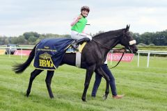 Der Darius Racing-Stalljockey saß auf einem anderen Pferd, Glück für Marco Casamento mit der Siegerin Kahar nach dem BBAG Auktionsrennen Iffezheim. www.galoppfoto.de - Sabine Brose