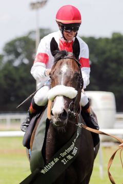 Liberty London mit Andrasch Starke nach dem Sieg Dortmund im Grand Prix auf Gr. III-Parkett. ©galoppfoto - Stephanie Gruttmann