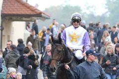 Der Championsjockey Bauyrzhan Murzabayev mit der Winterkönigin Lizaid auf dem Weg zum Absattelring. ©galoppfoto - Sarah Bauer