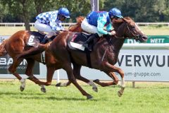 Die 18,6:1-Chance Quebueno (Adlerflug) gewinnt mit Jozef Bojko vor Nordstrand (Eduardo Pedroza). ©galoppfoto - Sabine Brose