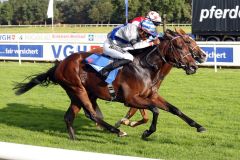 Switsch (links) gewinnt mit Eduardo Pedroza am 17.09.2023 im BBAG-Auktionsrennen in Hannover. ©galoppfoto - Sabine Brose