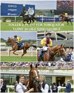 Das Team Torquator Tasso überzeugt mit einem herausragendem 2. Platz in den King George and Queen Elizabeth Stakes mit René Piechulek im Sattel und den Betreuerinnen Katja Heckmann (rechts unten) und Nora Blasczyk (links). ©galoppfoto - Jimmy Clark 