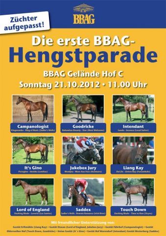 Plakat der Baden-Badener Auktionsgesellschaft (BBAG) für die Hengstparade. www.bbag-sales.de