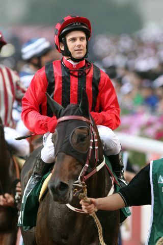 Lebt nicht mehr: Der Ex-Schlenderhaner Irian - hier mit Brett Prebble in Sha Tin. www.galoppfoto.de - Frank Sorge