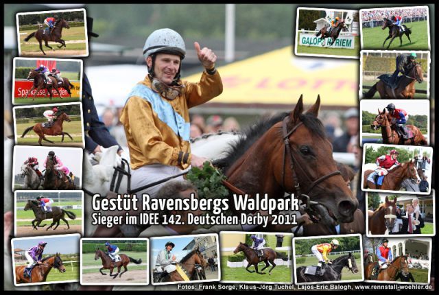 Der Derbysieger 2011 - Gestüt Ravensbergs Waldpark mit Jozef Bojko im Sattel und Trainer Andreas Wöhler am Zügel. www.galoppfoto.de
