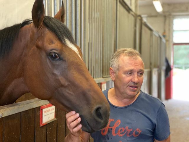 Europa-Preis-Starter Grocer Jack und Trainer Waldemar Hickst am Donnerstag in Köln. Foto: Dequia