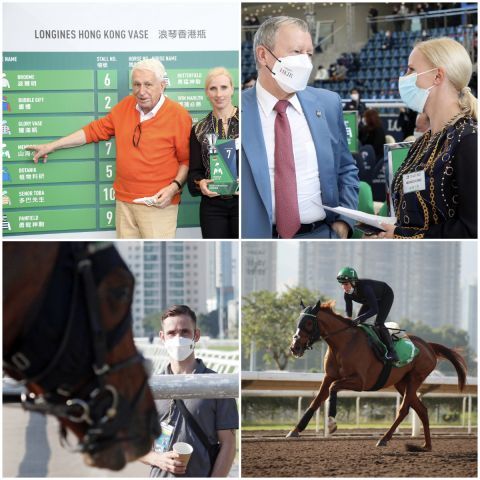 Besitzer Hans-Gerd Wernicke mit Trainerin Sarah Steinberg, die auch Winfried Engelbrecht-Bresges den CEO des Hong Kong Jockey-Clubs getroffen hat, unten Jockey René Piechulek noch als Zuschauer. ©galoppfoto - Frank Sorge