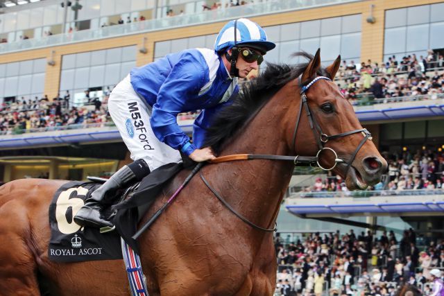 Neue Augaben: Mukhadram - hier für Paul Hanagan beim Aufgalopp in Ascot. www.galoppfoto.de - Frank Sorge