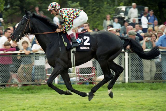 A historic photo: Network cantering to the start in the German Derby 2000. www.galoppfoto.de
