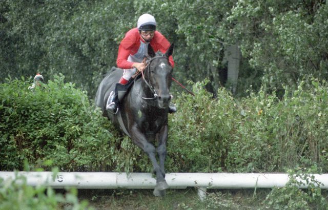 Goldene Zeiten: Registano und Dirk Fuhrmann feierten in den 90er Jahren Hindernisfeste, gewannen in Hannover gleich fünf der mit damals 100.000 Euro dotierten Jagdrennen. www.galoppfoto.de