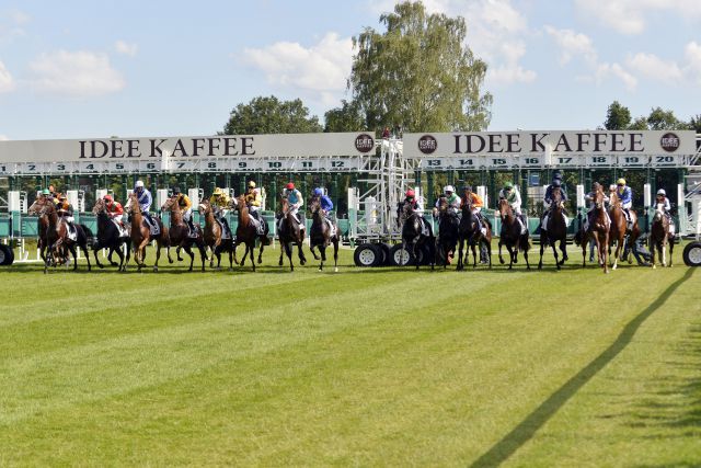 Start zum IDEE 145. Deutschen Derby mit 18 Pferden, wie viele rücken am 05. Juli 2015 in die Startboxen ein? www.galoppfoto.de - John James Clark