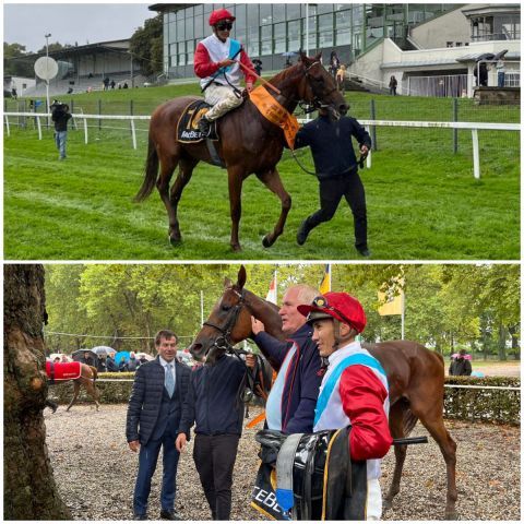 Tünnes und Bauyrzhan Murzabayev in den Farben von Holger Renz nach dem Sieg im RaceBets 138. Deutschen St. Leger für Trainer Peter Schiergen. ©Catrin Nack