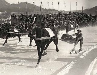 Wilde Fahrt: Skikjöring als Demonstrationswettbewerb bei den olympischen Winterspielen 1928 in St. Moritz. Foto: Archiv
