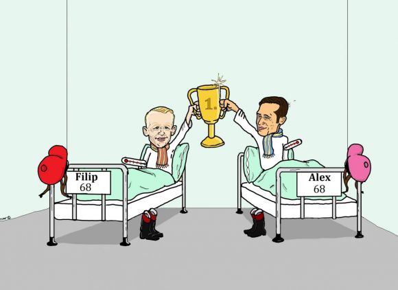 Gekämpft bis einen Tag vor Toreschluß: Die Jockeys Filip Minarik und Alexander Pietsch fehlten beim Finale - und teilten sich die Krankschreibung und den Pokal des Champions. ©miro-cartoon