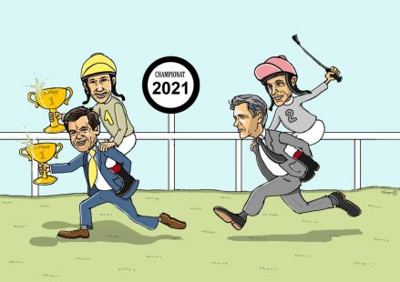 Führen mit Weile: Peter Schiergen und Bauyrzhan Murzabayev als Champions der Trainer und Jockeys. @Turf-Times/miro-cartoon