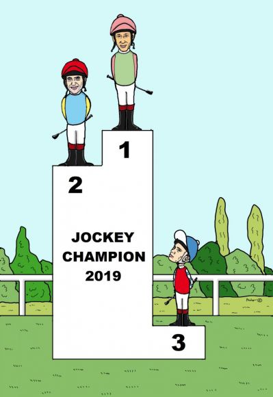 Da waren zwei besonders erfolgreich: Der Sieger Bauyrzhan Murzabayev und der Zweitplatzierte Maxim Pecheur waren in der Jockey-Championatswertung mit weitem Abstand voraus ... ©miro-cartoon