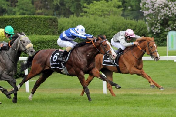 pferdewetten.de - Bavarian Classic: Royal Youmzain (Mitte) kommt gegen Jimmu (li.) und Emerald Master knapp hin. So nah ist dem Derbyfavoriten sonst keiner der Hamburger Gegner auf die Pelle gerückt. www.galoppfoto.de - WiebkeArt