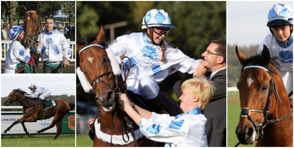 TV-Star in Magdeburg: Der 6-jährige Wallach Ach was mit seiner Reiterin Alexandra Vilmar und Besitzer Christian Sundermann bei seinen Siegen in Magdeburg und Hoppegarten und gestern beim Aufgalopp in Magdeburg (rechts). www.galoppfoto.de - Sabine Brose, Peter Heinzmann und Marius Schwarz